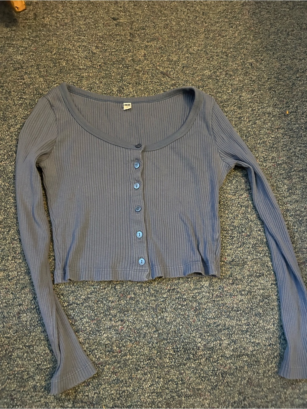 Uniqlo Ribbed Scoop-Neck Button-Front Long Sleeve Top - Slate Blue